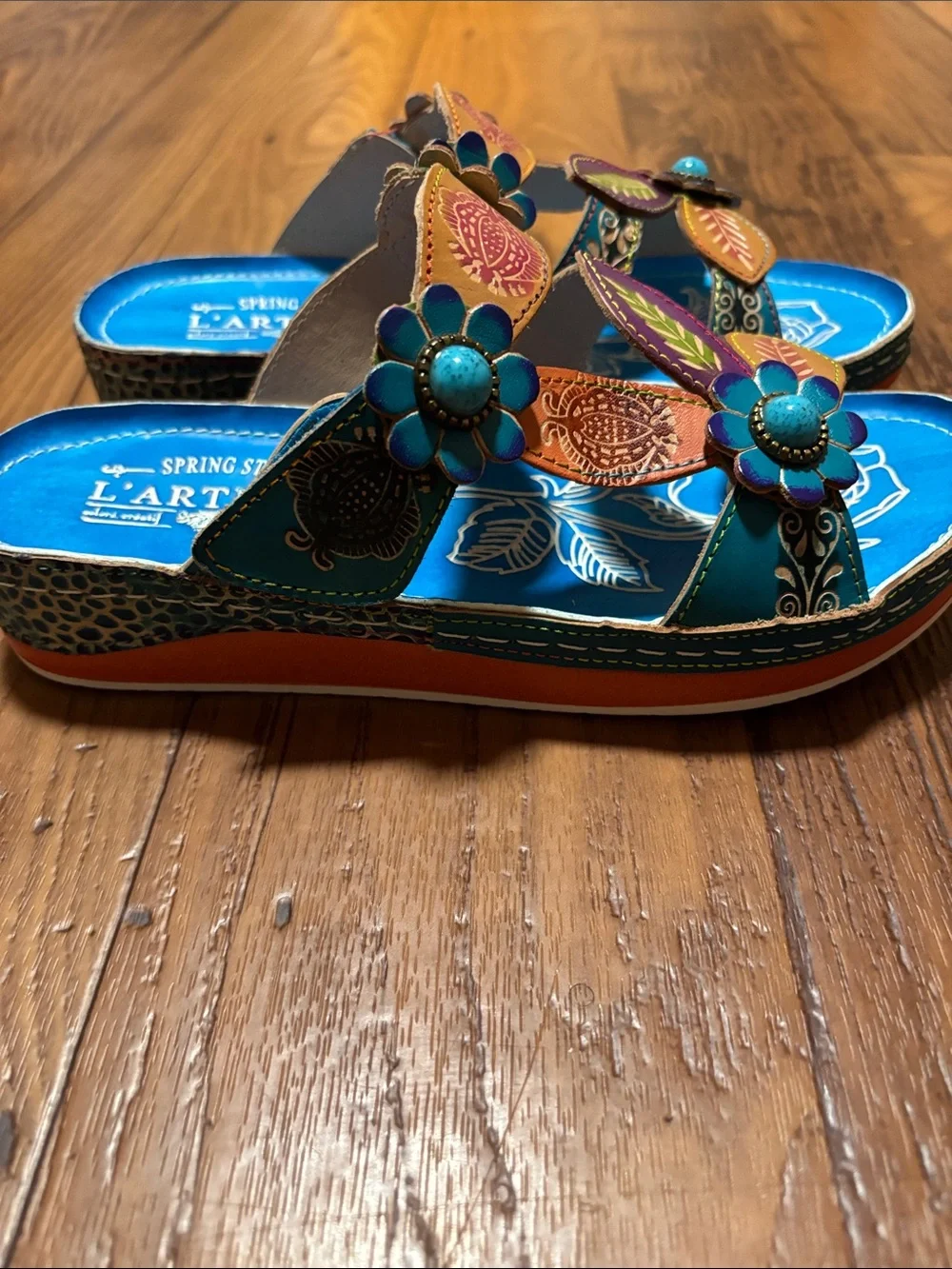 L'ATISTE Turquoise Blue Floral Leaf Leather Kids Sandals